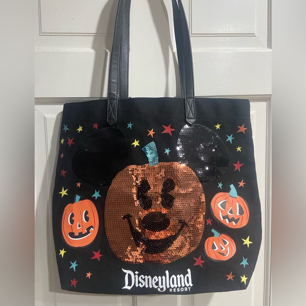 Walt Disney World Parks Halloween Mickey Sequin Pumpkin Canvas Tote Bag NEW